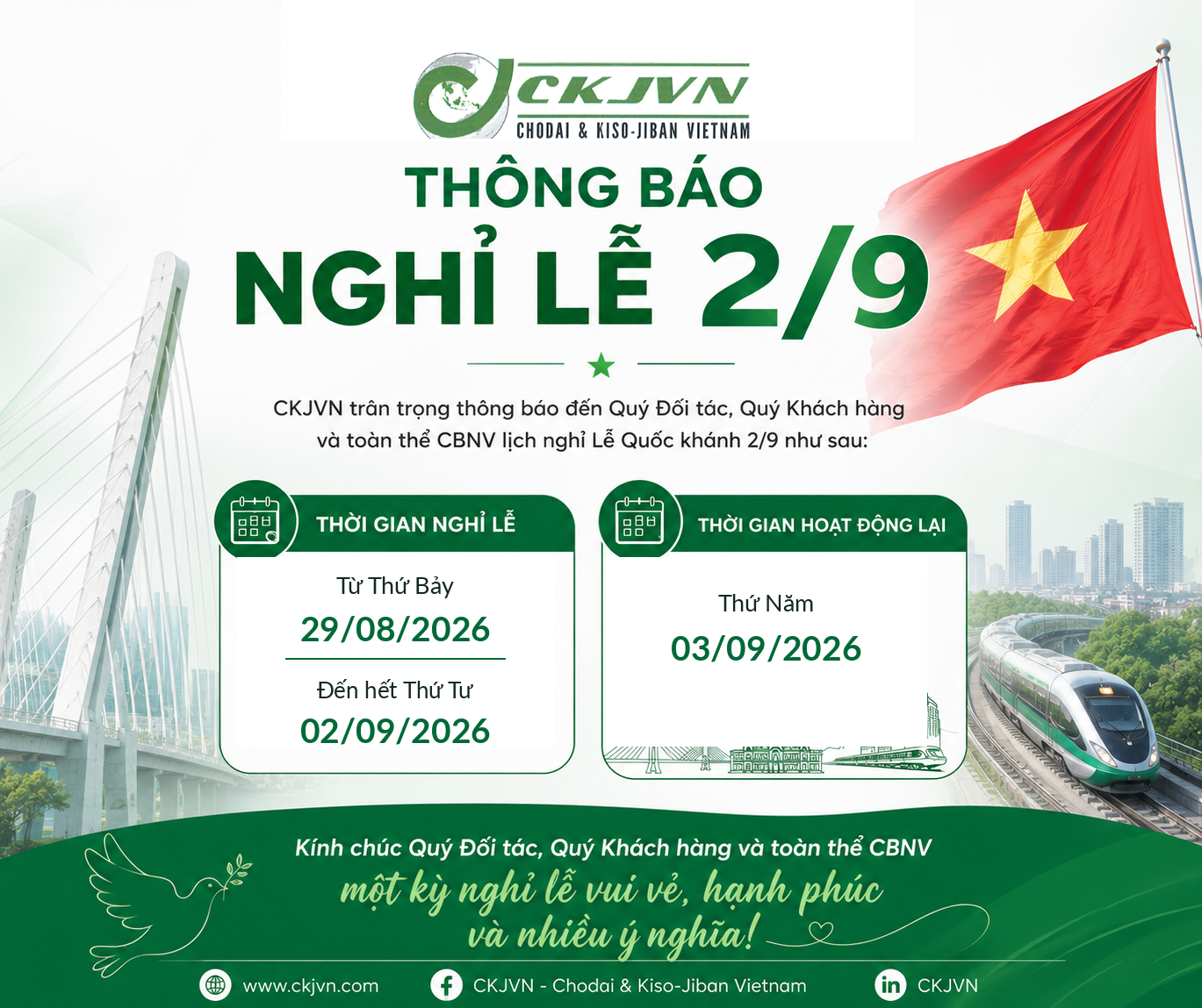 CHODAI & KISO-JIBAN VIỆT NAM THÔNG BÁO NGHỈ LỄ QUỐC KHÁCH 02/09